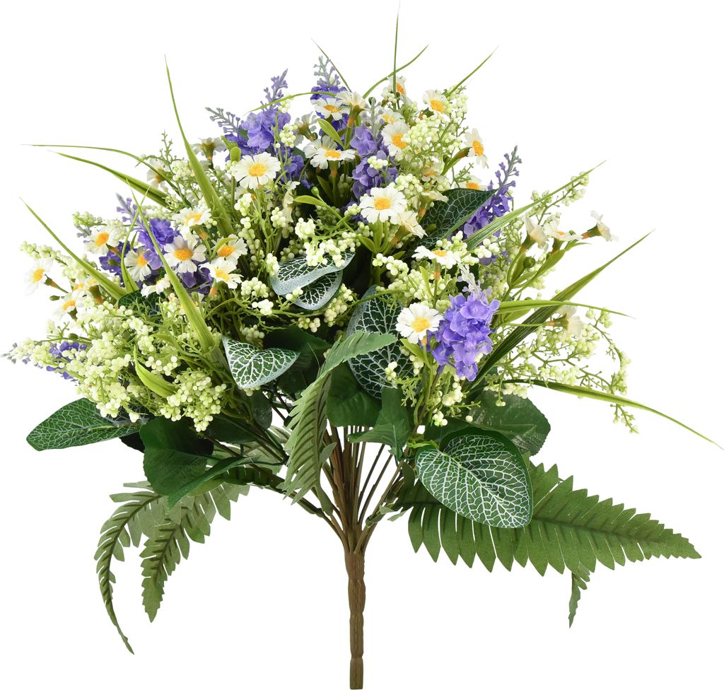 Kunstblumen Dekostrauß mit Gänseblümchen und Flieder für elegante Tischdeko