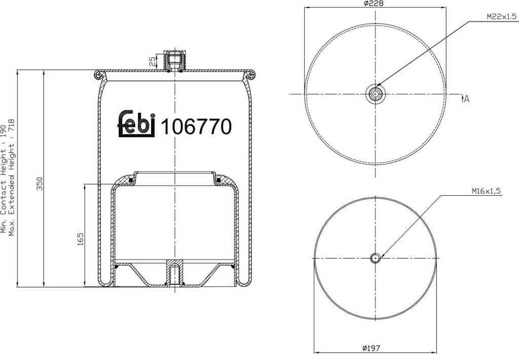 FEBI BILSTEIN Luftfederbalg Federbalg 106770 Hinten passend für MERCEDES-BENZ ACTROS MP4 / MP5 210 708mm 228 197mm