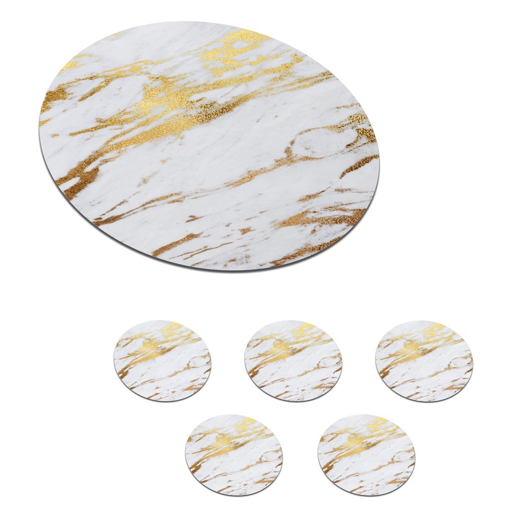 KitchenYeah Glasuntersetzer Rund 6er Set Marmor - Weiß - Gold 10x10 cm Untersetzer für Gläser - Getränkeuntersetzer - Tischplattenschutz - T...