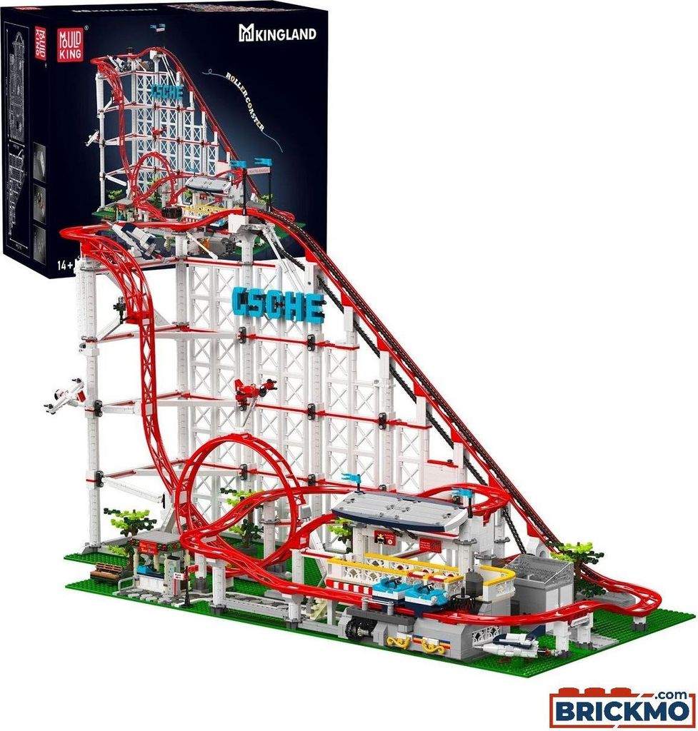 A detailed model of a motorized roller coaster, with its packaging box in the background.