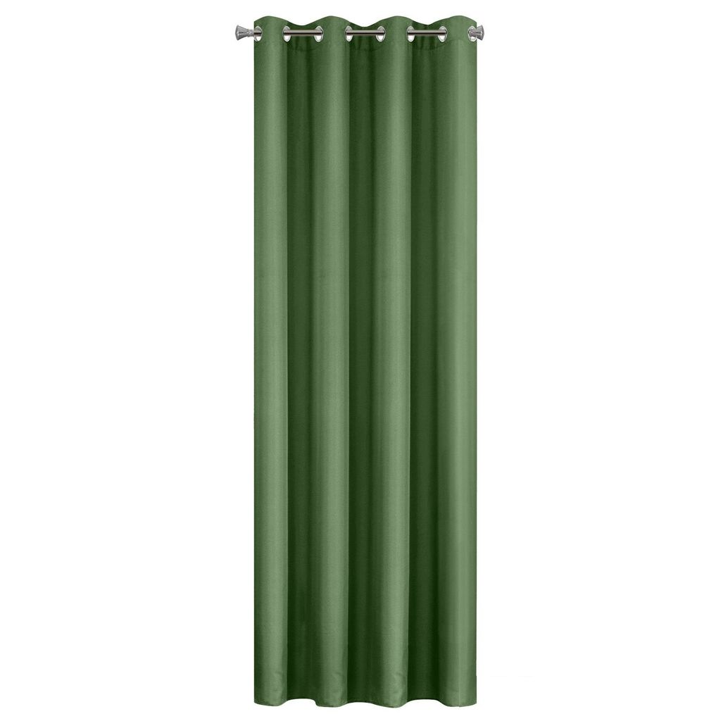 A single green curtain hanging from a curtain rod.