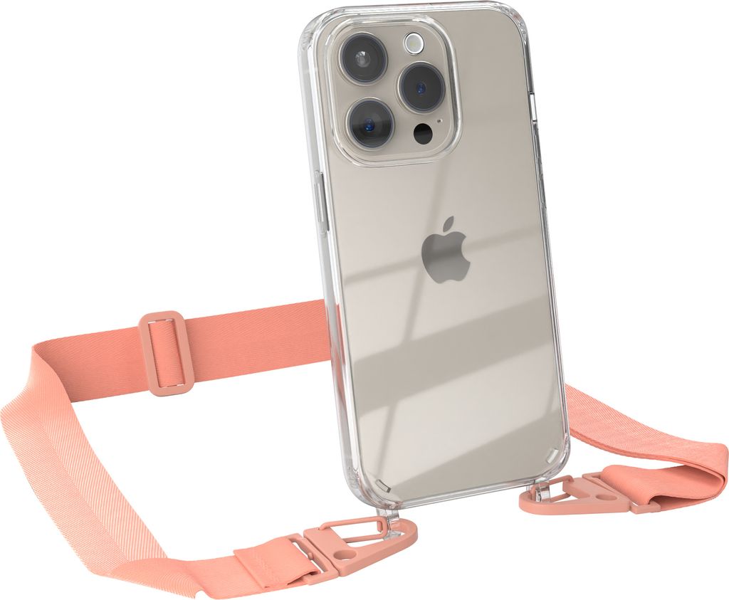 EAZY CASE - Hülle mit Band für Apple iPhone 15 Pro, Handyhülle mit Umhängeband, Silikonhülle transparent, Handykette in Orange