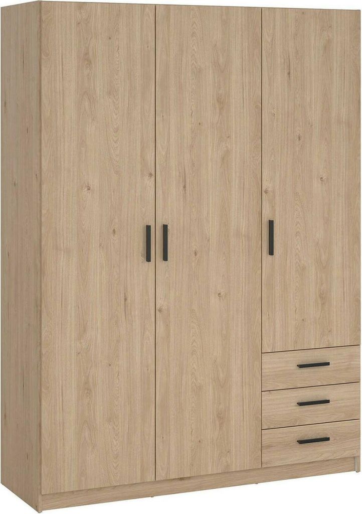 Kleiderschrank 3 Türen Simeon, Schlafzimmermöbel, Schrank, Garderobe, 147x50 h200 cm, Eiche