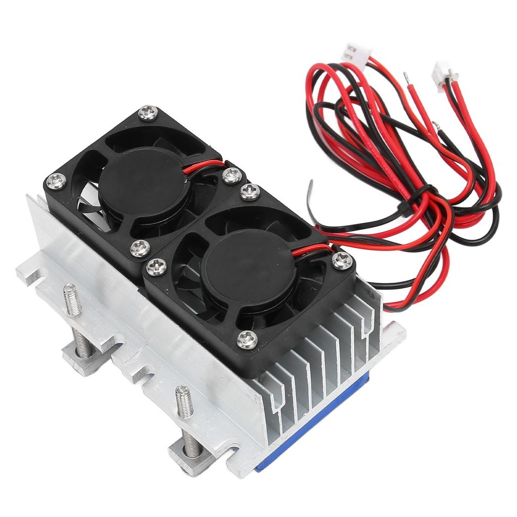 A thermoelectric cooling module with two fans and a heatsink, connected by wires.