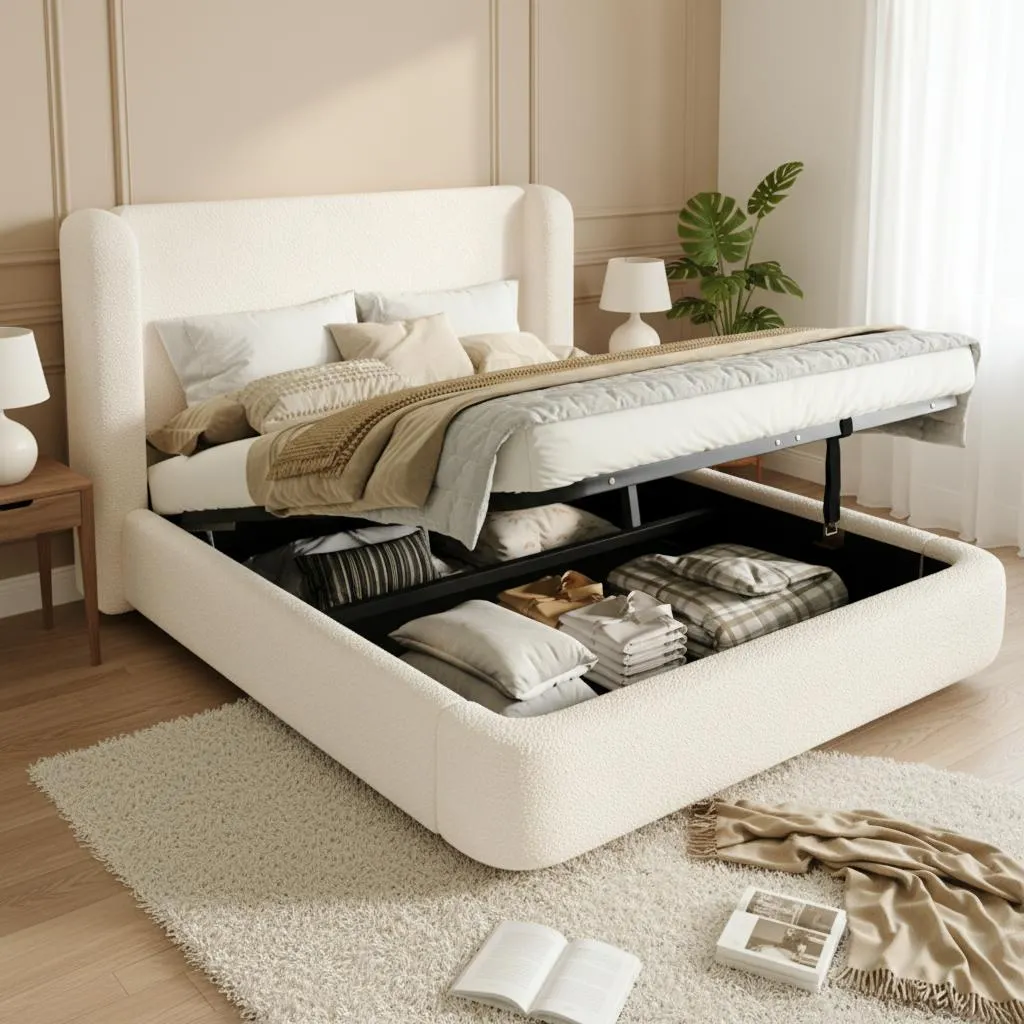 Lit 160x200cm avec tête de lit bouclette amovible et rangement Beige