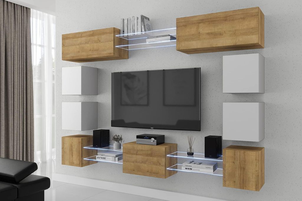 Furnitech Wohnwand Wohnzimmer - Hängend Wohnwand Modern - Regale und TV Schrank - Wohnzimmer Möbel ohne LED (Future C80N-21DZW-M-53)