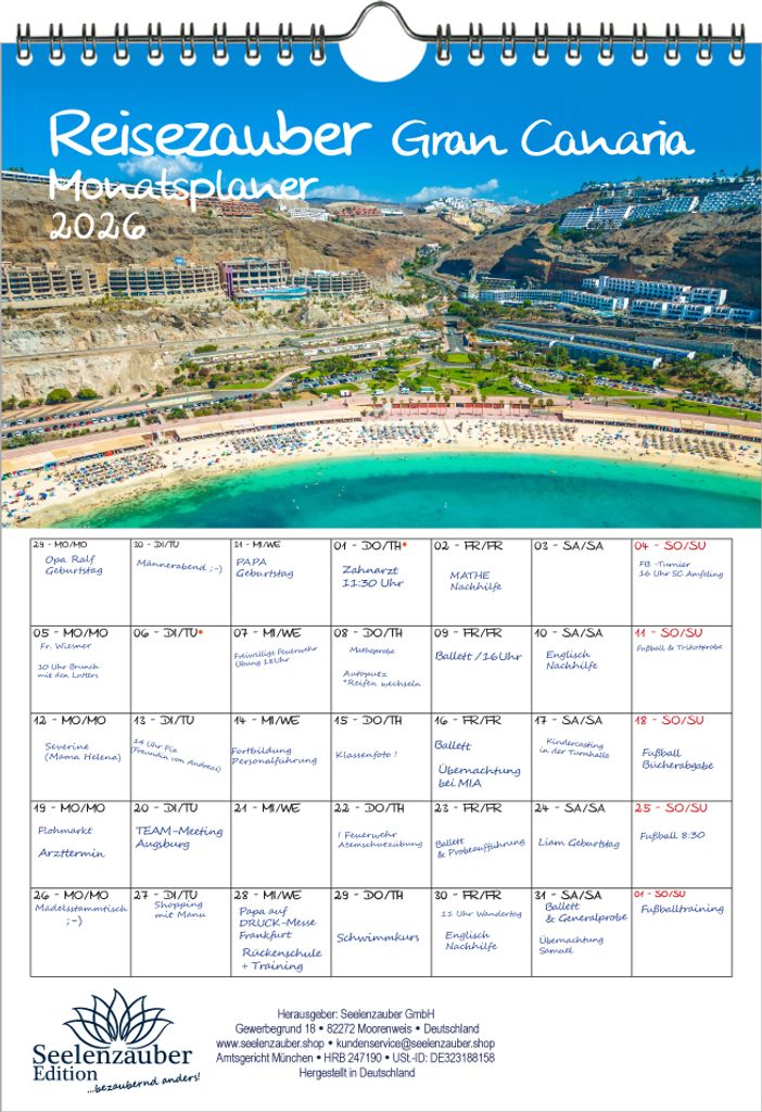 Reisezauber Gran Canaria Planer DIN A4 Kalender für 2026 Las Palmas Kanaren Urlaub Strand Spanien - Seelenzauber