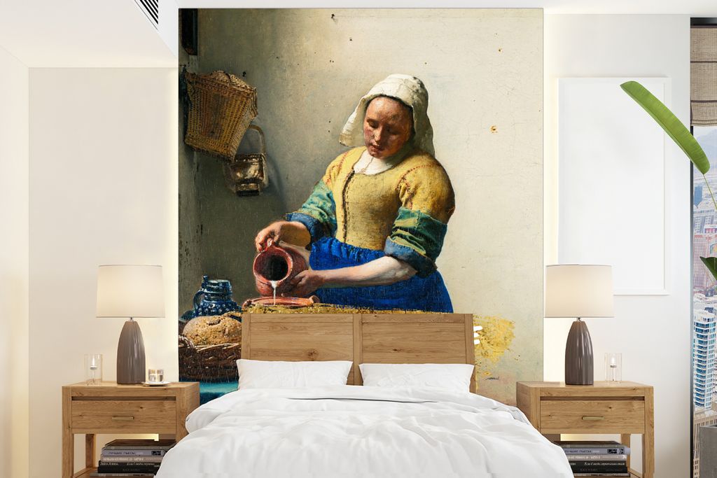 MuchoWow Fototapete für Wohnzimmer oder Schlafzimmer Wandtapete Vinyl Motivtapete Milchmädchen - Gold - Zitate - Gemälde - Alte Meister - 160x...