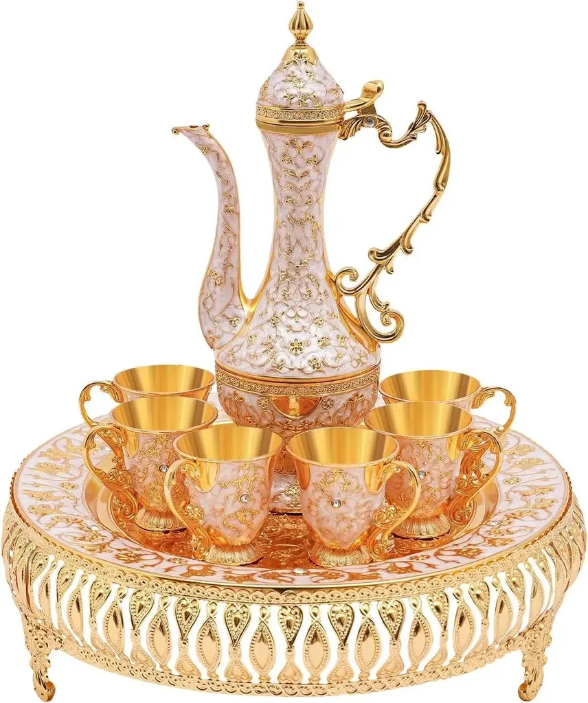 Set da caffè e tè - Set da samovar russo - Metallo - 6 lussuose tazze - Vassoio fatto a mano - Vintage