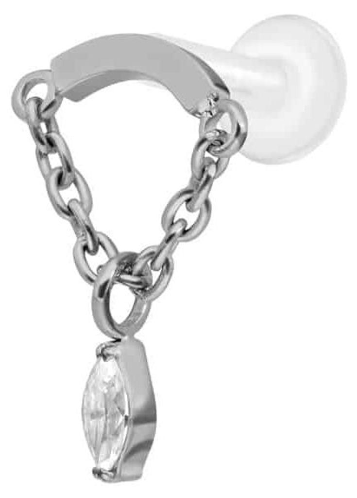 Ohrpiercing, Nasenpiercing PTFE Labret mit Innengewinde + Titan-Aufsatz BOGEN + KETTE + KRISTALLTROPFEN Silber Stablänge: 7mm | Stabstärke: 1,6mm...