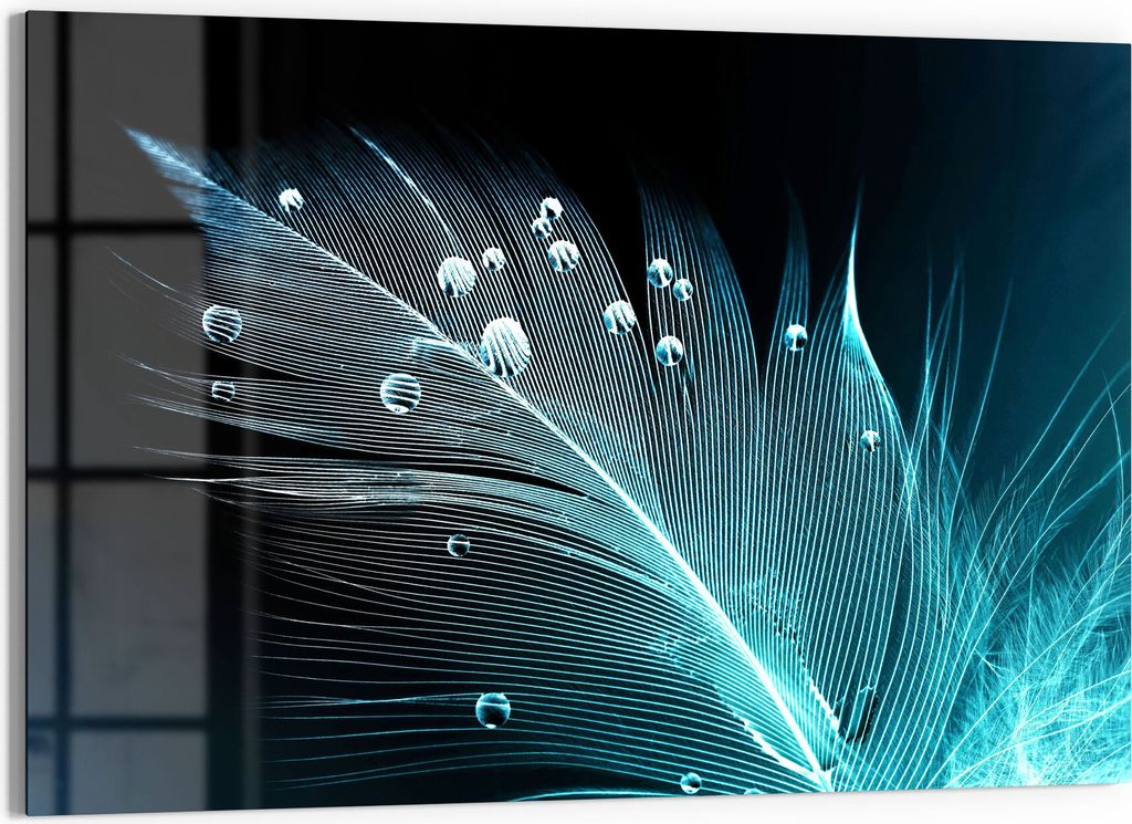 DEQORI Glasbild Echtglas 90x60 cm 'Feder mit Wasserperlen' Wandbild Bild modern Deko