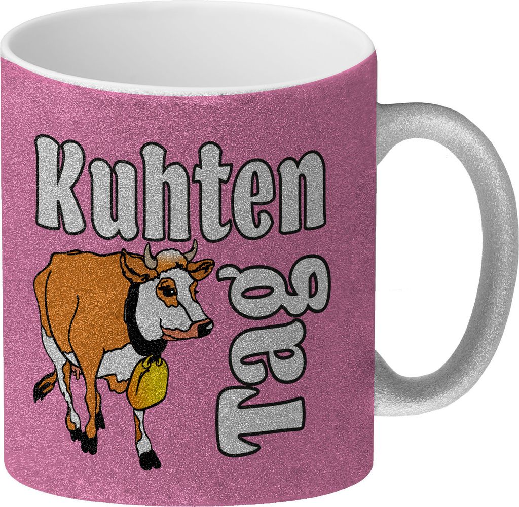 Kuhten Tag Glitzer-Kaffeebecher in pink mit Kuh zum Thema Produktbild 