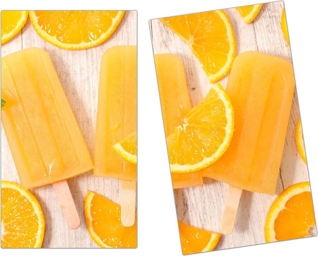 Spritzschutz Herdabdeckplatte Schneidebrett aus Glas Orangeneis am Stiel 2-Teilig (60x52cm)