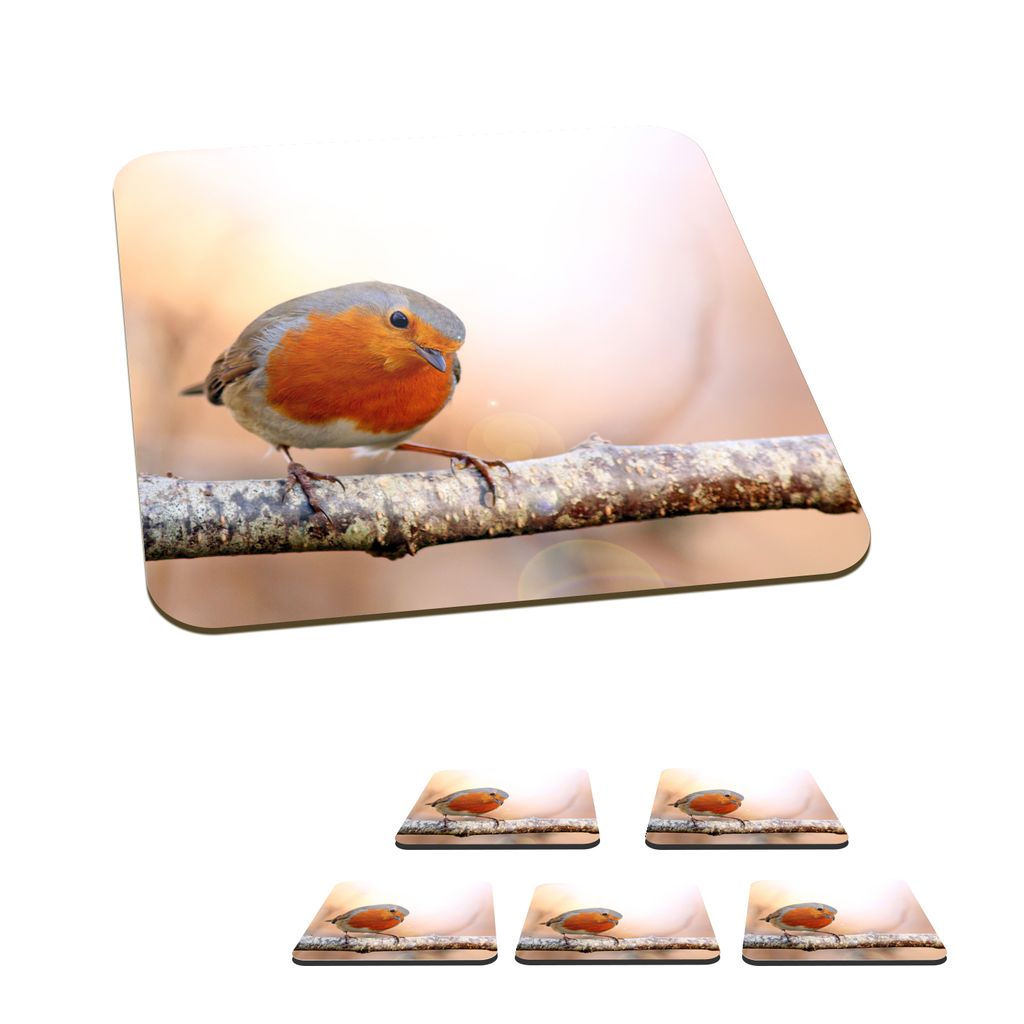 KitchenYeah Glasuntersetzer Quadratisch 6er Set Rotkehlchen - Ast - Baum 10x10 cm Untersetzer für Gläser - Getränkeuntersetzer - Tischplattens...