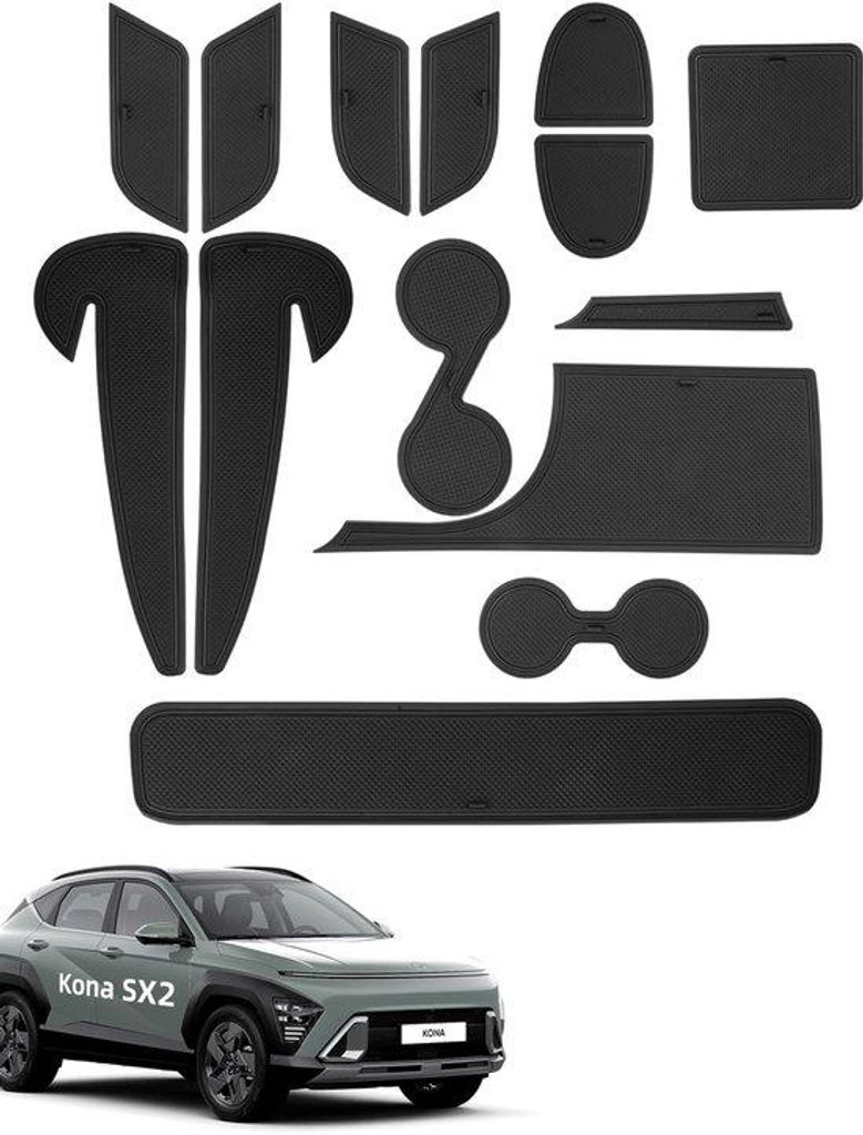 Hyundai Kona SX2 Antislipmatten, 14 Stück, schwarze Reifen für Mittelkonsole, Gepäckfach, Trinkhalter, integrierte Türschwelle, Armlehnenfach
