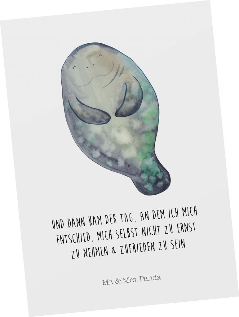 Mr. & Mrs. Panda Postkarte Seekuh Happy - Weiß - Geschenk, Respekt, Grußkarte, bildkarte, Neuanfang, Neustart, Meer, Seekühe, Ansichtskarte, Fre...