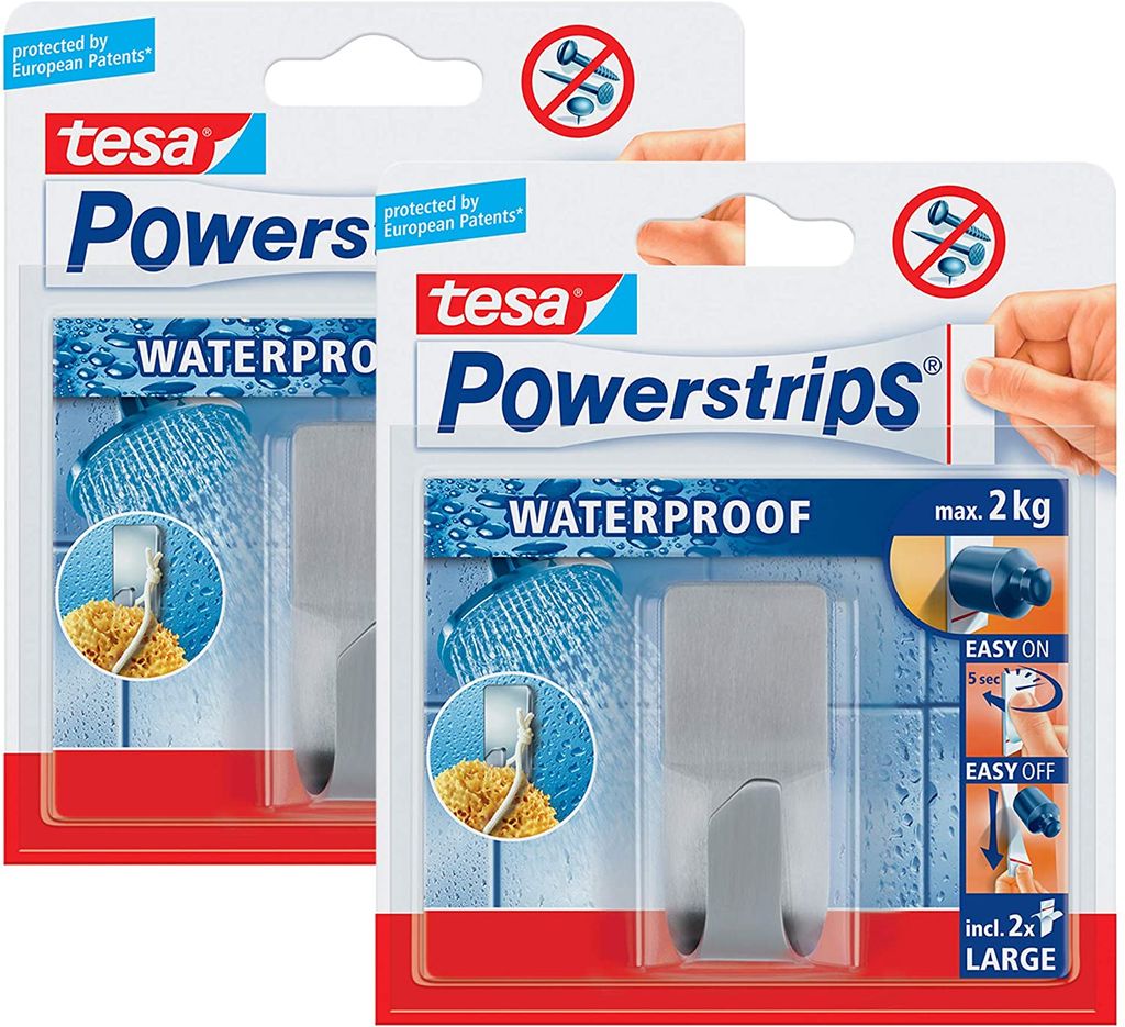 tesa Powerstrips Waterproof Haken Zoom Handtuchhaken Badezimmer (2 Haken)