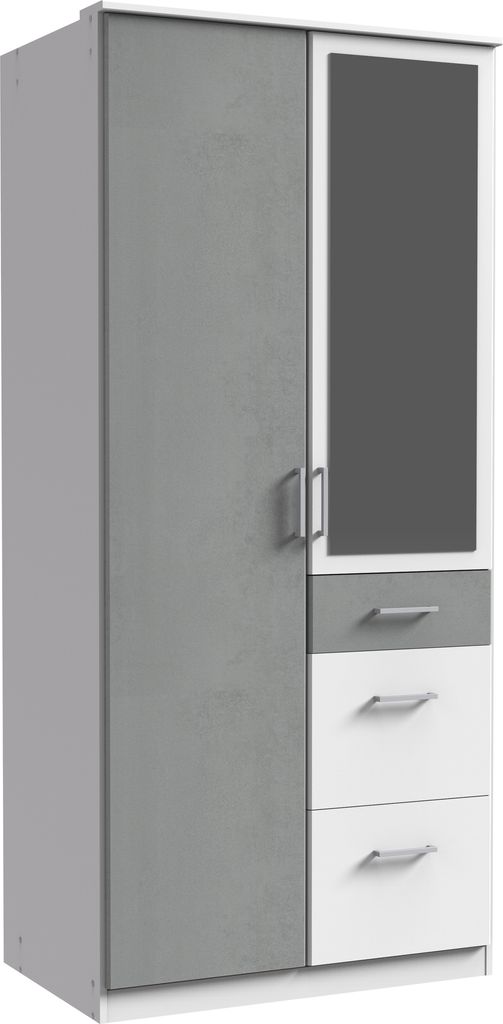 Kleiderschrank "Click" aus Spanplatte in Weiß mit 3 Schubladen und 2 Türen. Abmessungen (B/H/T) 90x198x58 cm