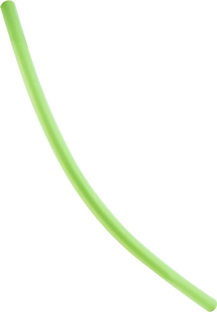 A single, light green swimming noodle is shown against a white background.