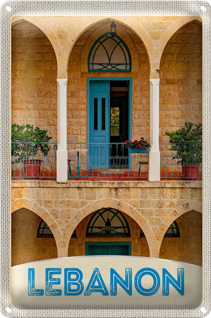 Blechschild Reise 20x30cm Libanon Gebäude blaue Tür Urlaub