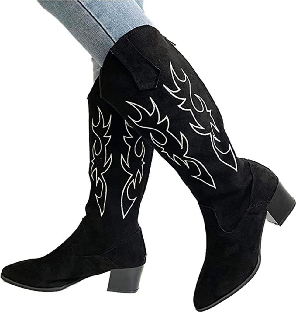ASKSA Damen Stiefeletten Cowboystiefel Blumen Bestickt Westernstiefel, Schwarz, Größe: 37
