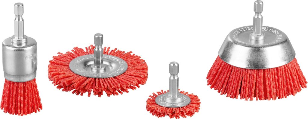 A set of four red nylon wire brushes with silver metal shanks, arranged in a line against a white background.