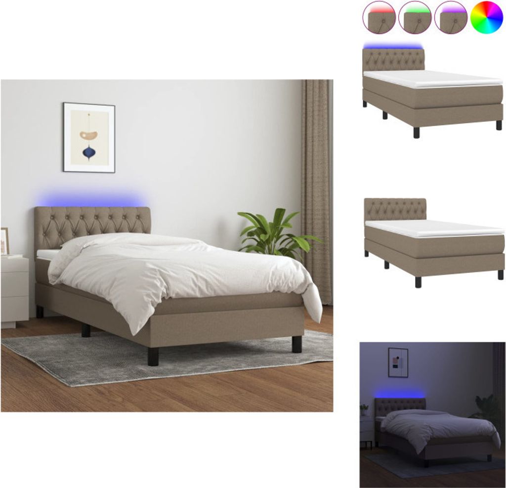vidaXL Boxspringbett mit Matratze & LED Taupe 100x200 cm Stoff - Betten & Bettgestelle