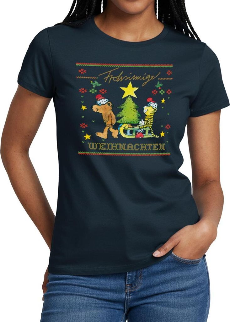 Spreadshirt Janosch Frohsinnige Weihnachten Ugly Christmas Frauen T-Shirt, M, Navy