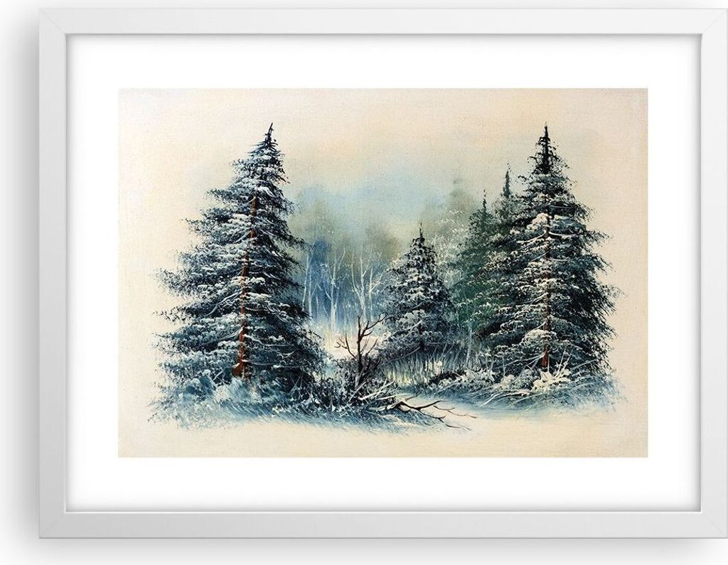 Gerahmtes Poster - Weißer Rahmen - Schnee Fichten Wald - 40x30 cm - Wand Bild - Wanddeko - Wandbilder - Kunstposter - Wandposter - Bilderrahmen - ...