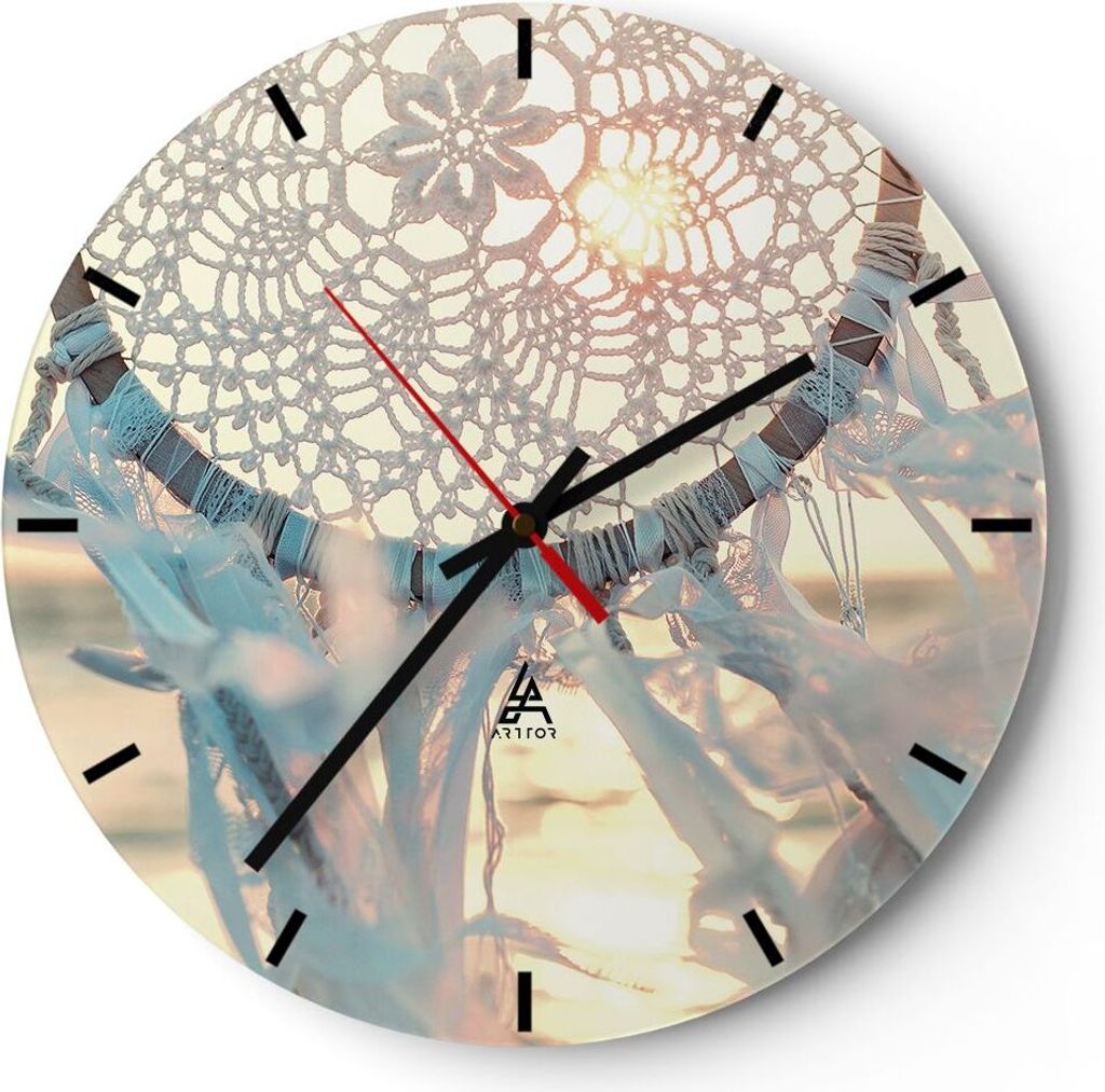Wanduhr - Rund - Glasuhr - Boho Ornament Anhänger - 30x30cm - Schleichendes Uhrwerk - Lautlos - zum Aufhängen bereit - Dekoration Modern - Wandde...