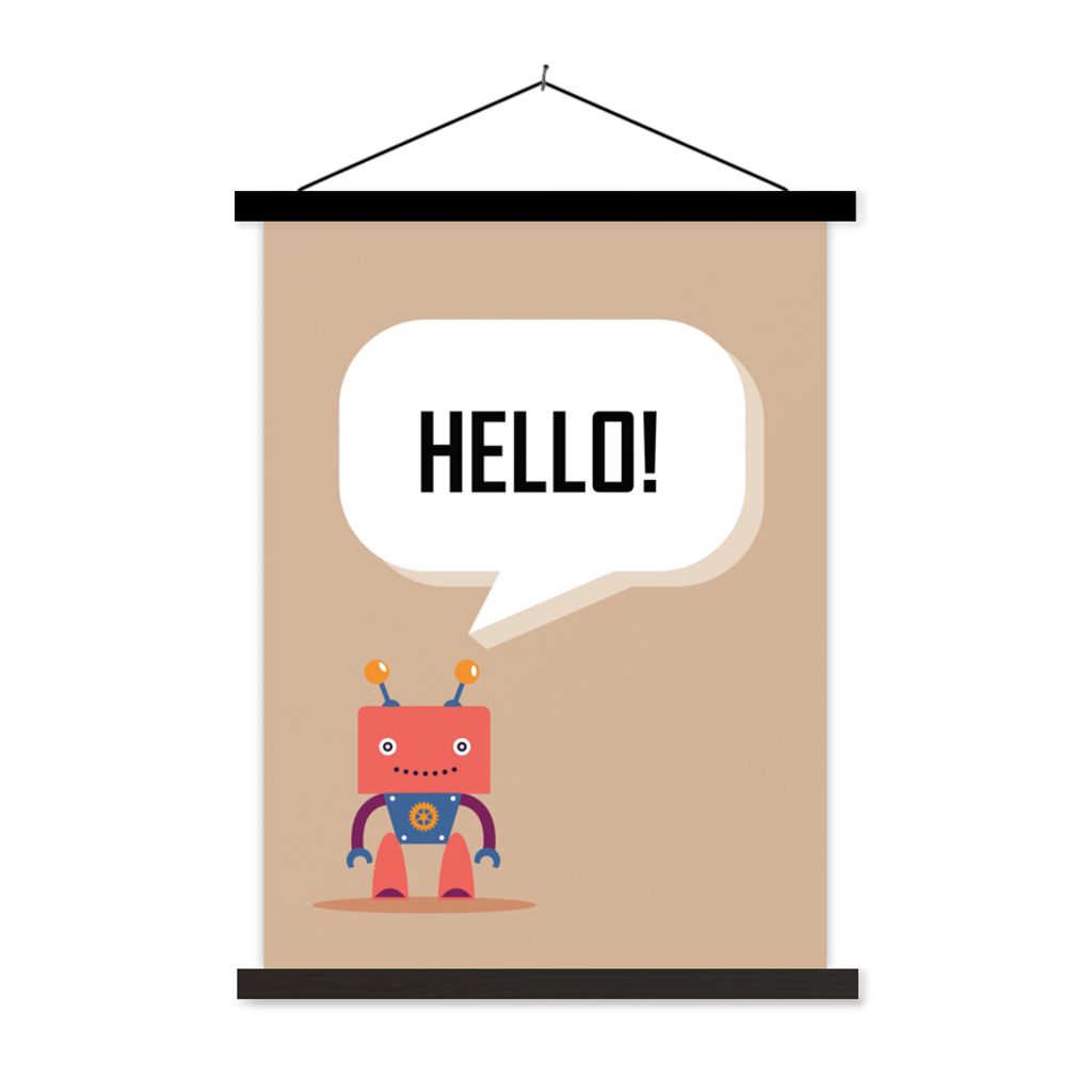 MuchoWow Textilposter Sprichwörter - Zitate - Hallo! - Roboter - Zahnrad - Kinder 90x120 cm mit schwarzem Rahmen - Dekoration