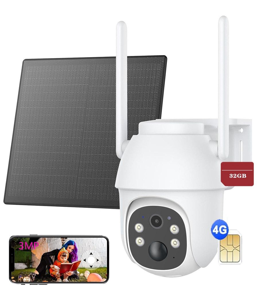 4G LTE Überwachungskamera Aussen Solar mit SIM Karte 2K HD 3MP PTZ Kabellos Kamera 355°/90° Schwenkbar Farb/IR Nachtsicht, 2-Wege-Audio, 32GB