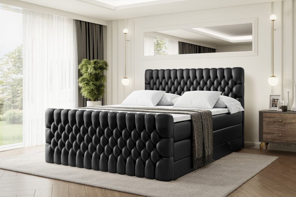 ALTDECOR Boxspringbett mit Fußteil, 2 Matratzen und Topper - 160x200 cm - SERENE-Z KING - Schwarz Kunstleder - Polsterbett mit, H3- und H4- Matrat...