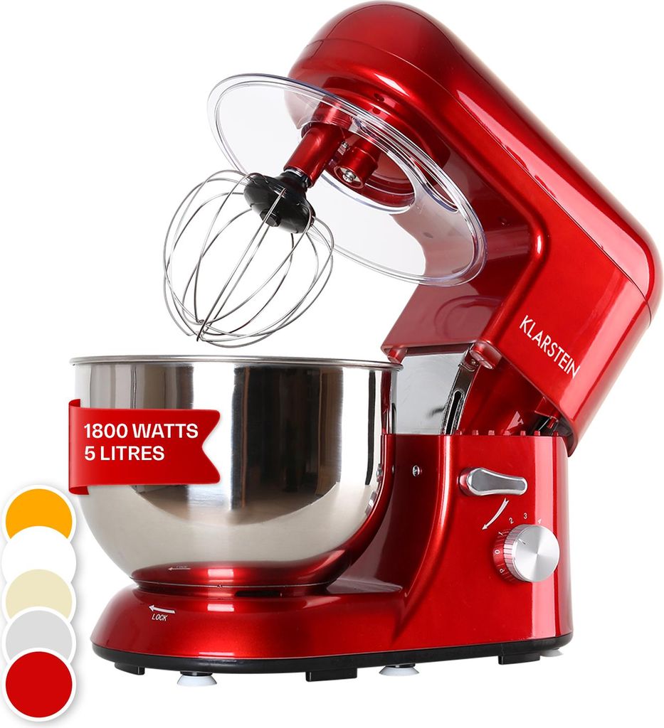 A red stand mixer with a stainless steel bowl.