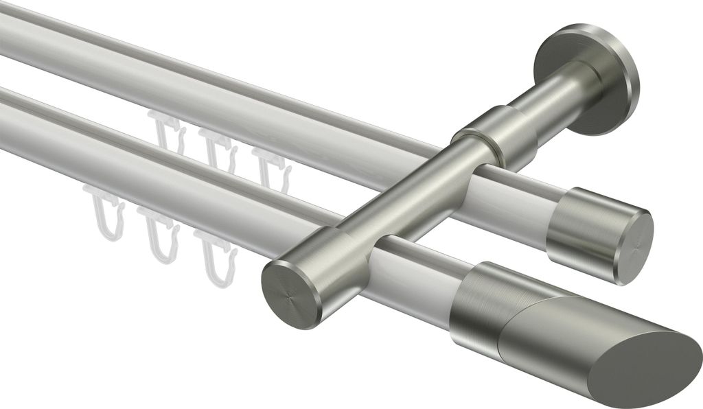 Interdeco Innenlaufstange / Gardinenstange mit Innenlauf Weiß / Edelstahl-Optik, Typ Prestige Verano (Schräge Bicolor), 20 mm Ø 2-läufig, 420 cm