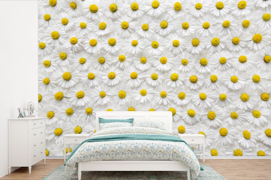 MuchoWow Fototapete für Wohnzimmer oder Schlafzimmer Wandtapete Vinyl Motivtapete Ein florales Muster aus Gänseblümchen - 360x240 cm - Vinyl-T...