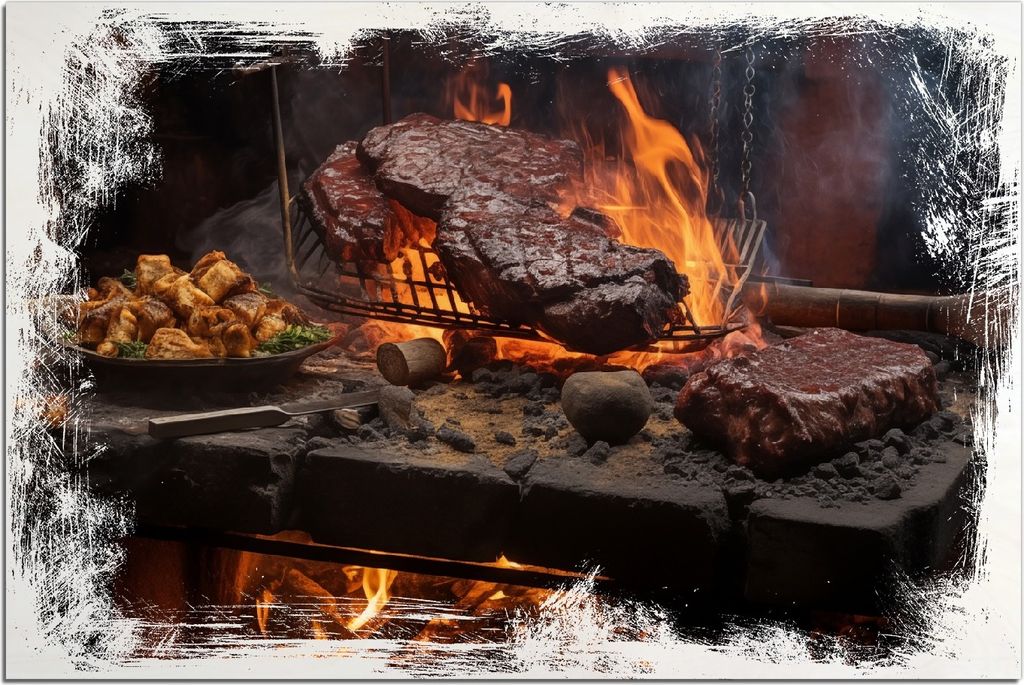 Kunstdrucke Wandbilder Holz in : Brillante Farben, Größe 60 x 90 cm Motiv Urige Grillkunst: Steakschmiede