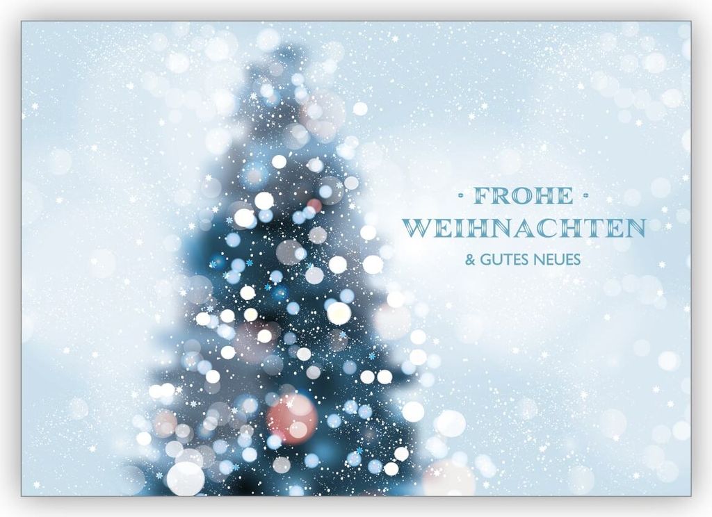 Edle Foto Weihnachtskarte mit Weihnachtsbaum im Schneetreiben: Frohe Weihnachten & gutes Neues