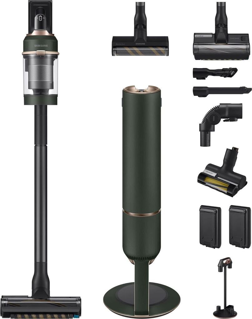 A collection of Samsung BESPOKE Jet cordless vacuum cleaner parts and accessories.