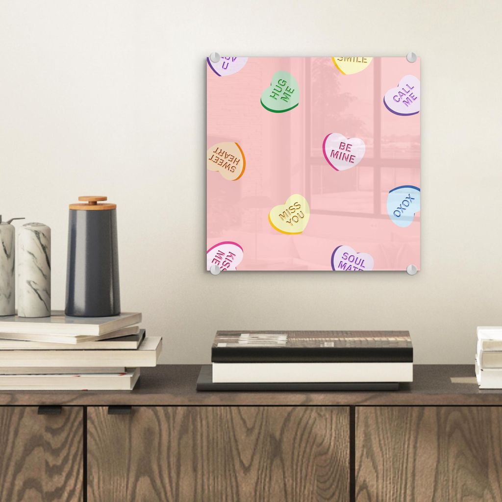 MuchoWow Glasbilder - Bilder auf Wandbild - Foto auf Glas Herz - Bonbon - Pastell - Text 40x40 cm Wanddekoration aus Glas - Acrylglasbild - Acrylbi...