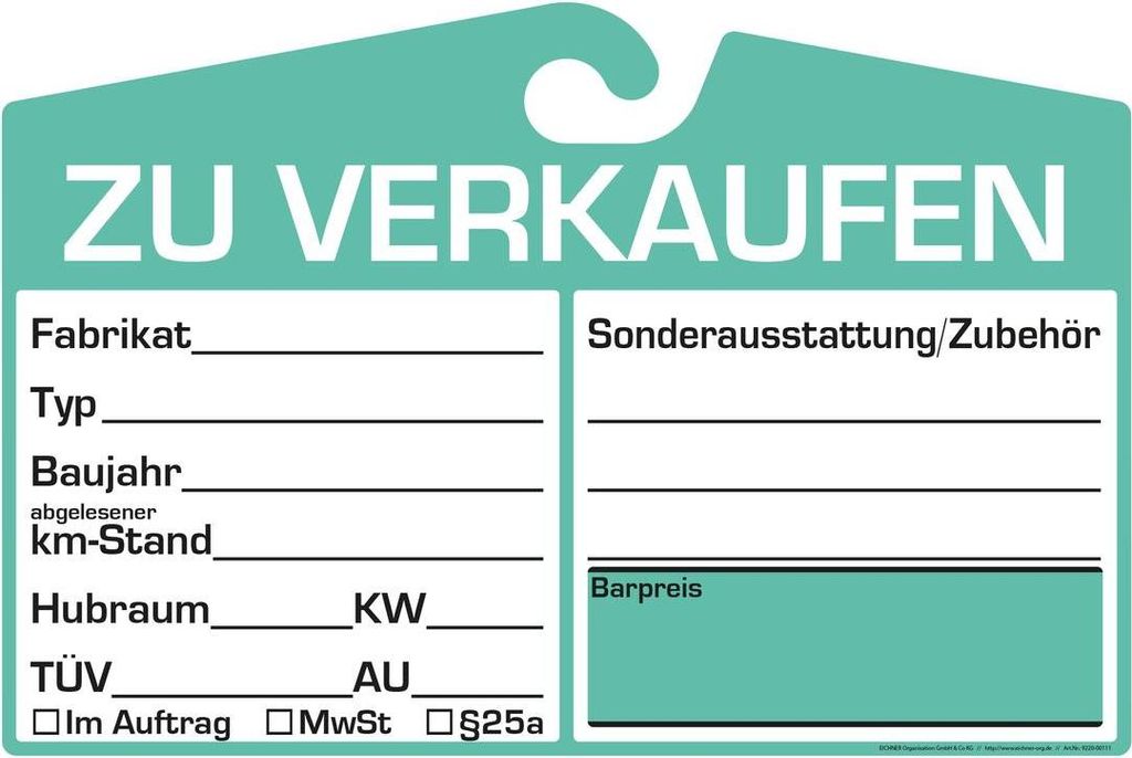 Verkaufsschild aus Karton zur Befestigung am Innenspiegel, für eine einfache Preisauszeichnung, Preisfeld neutral, Grün, Verpackungseinheit: 1 P/25