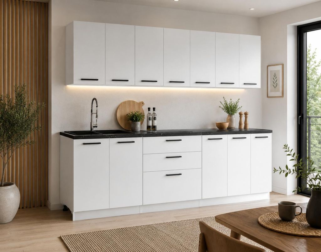 ULWEHOME Küchenzeile 260 cm Mattweiß, Küchenmöbel-Set mit Produktbild  KI-generiertes Bild
