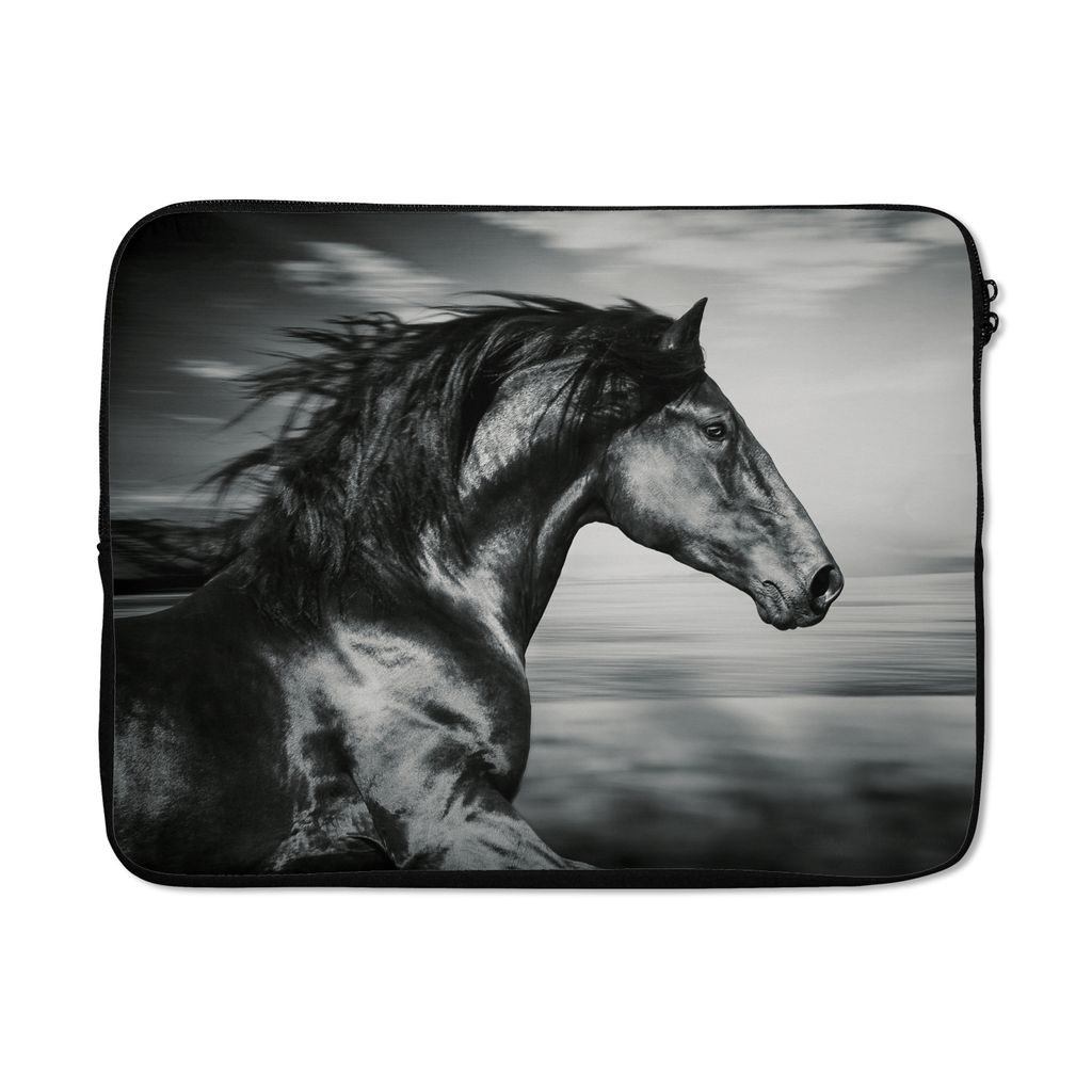 MuchoWow Laptop Hülle 17 Zoll Laptoptasche Pferd - Tiere - Schwarz - Weiß - Zipper - Schutzabdeckung