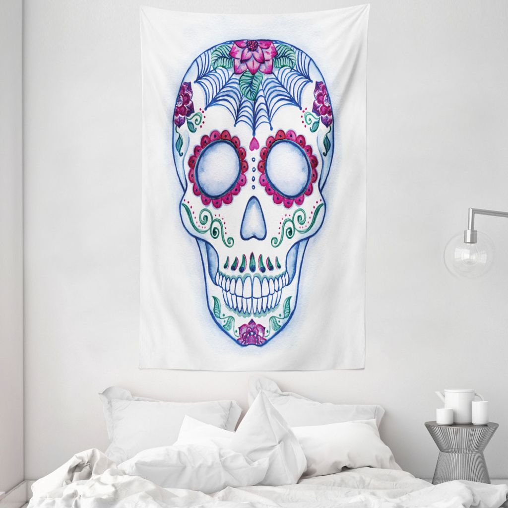 ABAKUHAUS Zuckerschädel Wandteppich und Tagesdecke, Bunte Gekritzel aus Weiches Mikrofaser Stoff Waschbar ohne Verblassen Digitaldruck, 140 x 230 ...