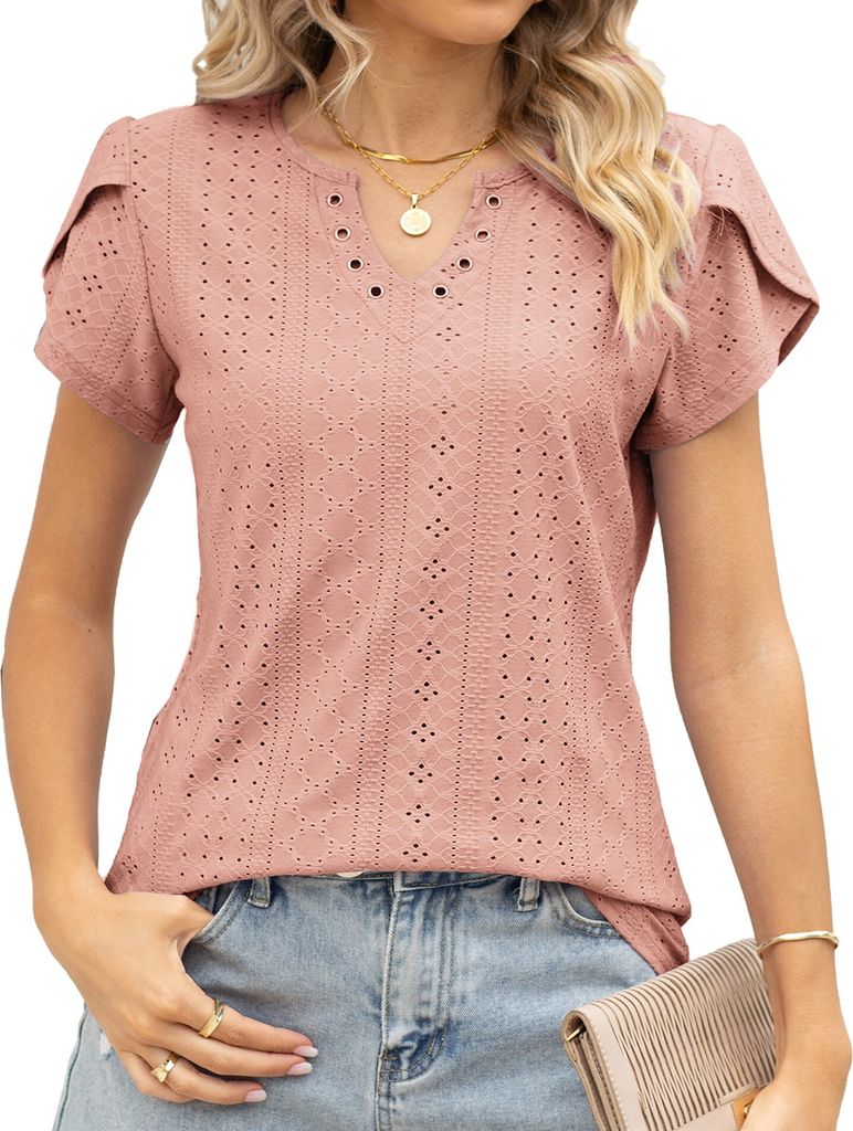 ASKSA Damen T-Shirt Blütenblatt Ärmel Aushöhlen Bluse V-Ausschnitt Sommer Kurzarm Einfarbig Lose Oberteile, Rosa, XXL