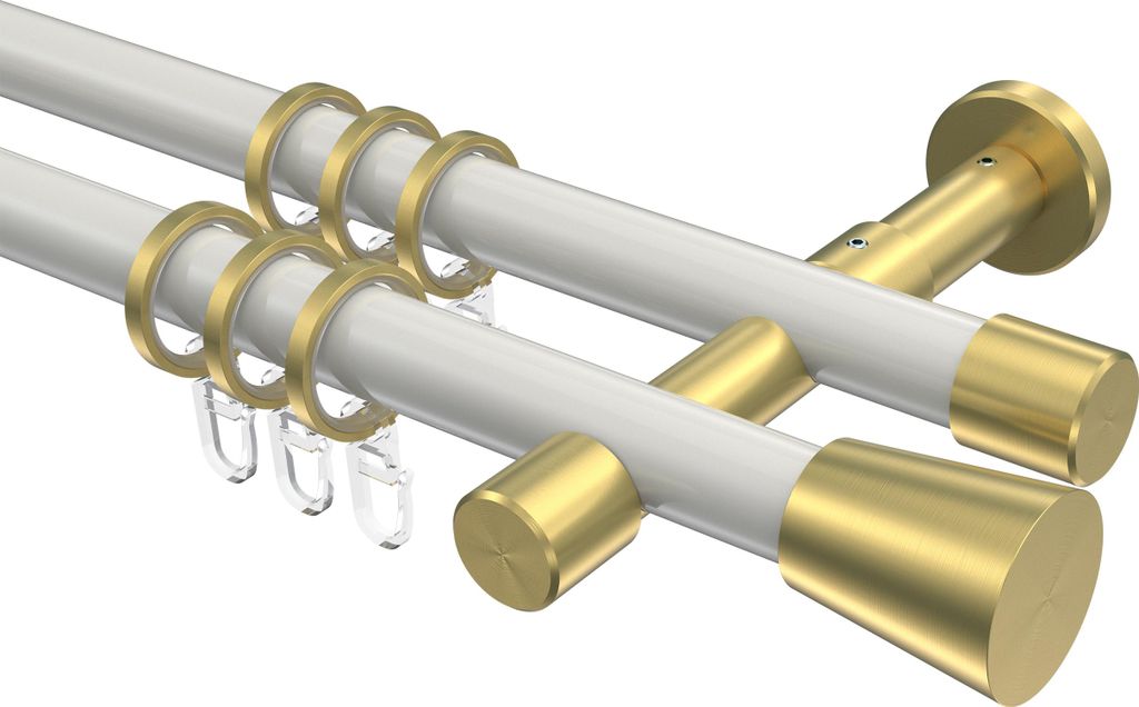Interdeco Gardinenstange / Vorhangstange Weiß / Messing-Optik, Typ Prestige Sitra (Konus), 20 mm Ø 2-läufig, 200 cm