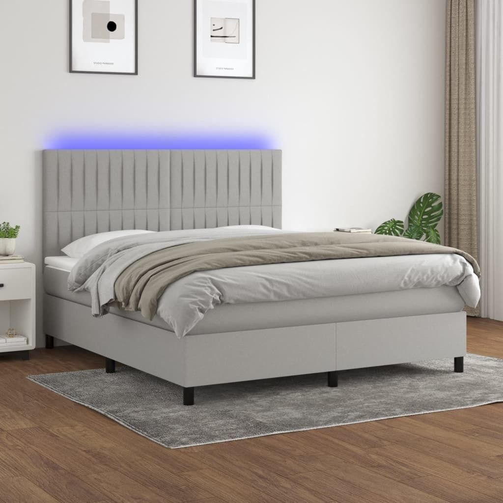 vidaXL Boxspringbett mit Matratze & LED Hellgrau 180x200 cm Stoff - Boxspringbett - Boxspringbetten - Bett - Schlafzimmermöbel
