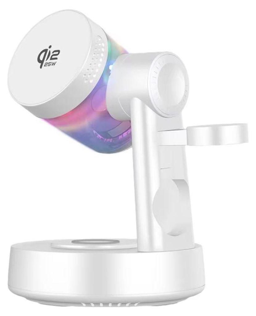 Z6 4-in-1 Magnetisches Wireless Ladegerät 25W, Schnellladen, RGB Lautsprecher, Ladestation für iPhone, Apple Watch, Xiaomi, Huawei, Weiß