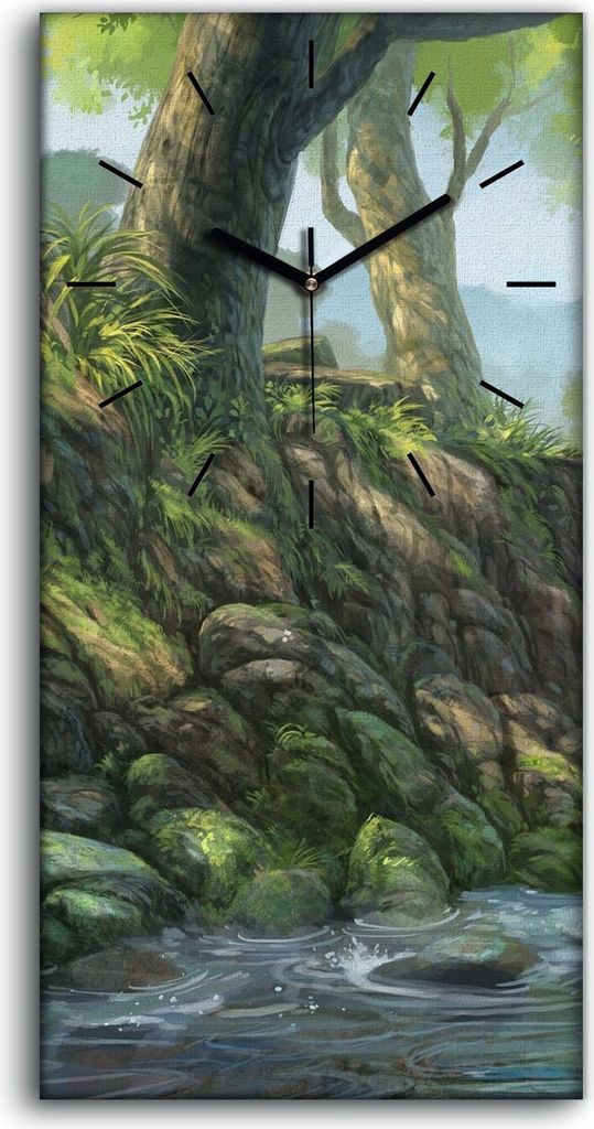 Wandkunst Leinwand Bild Uhr 30x60 Malerei Wald Bäume Fluss Steine Kunst - schwarze Hände