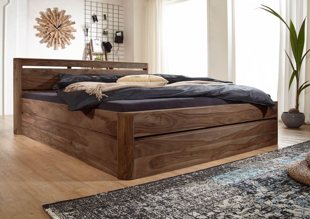 MASSIVMOEBEL24 Bett Sheesham 180x200x90 smoked cherry gebeizt TORONTO #153